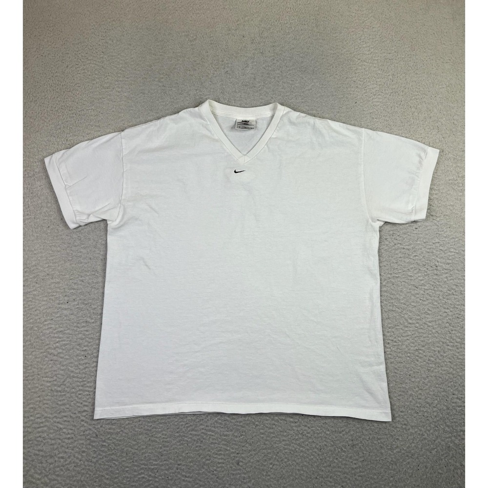 Vintage Nike Shirt Mens‎ XL White V Neck Center Swoosh Embroidered Made USA 80s